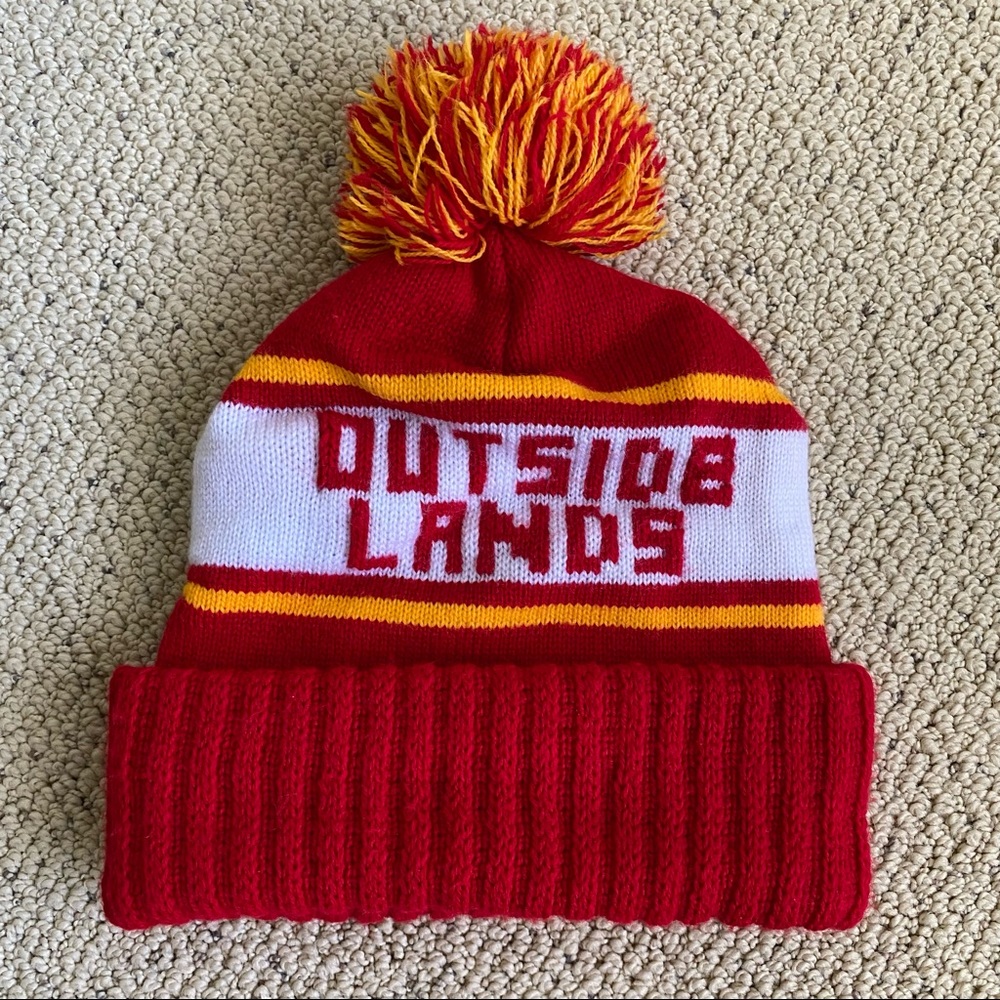Outside Lands Red & Yellow Pom Pom Beanie Varsity Knit Vintage